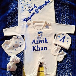 Personalised Hand-Embroidered Newborn Starter Pack – Aznik Khan Edition