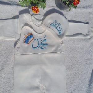 Wrap your little one in warmth and elegance with this beautifully customised dungaree-style romper with cap by RajanpurThreads.pk. Crafted from soft winter fleece fabric, it ensures gentle comfort against your baby’s delicate skin while keeping them cozy in cooler weather. The romper features an adorable crown and bird embroidery in vibrant blue and orange tones, symbolizing love, joy, and royalty. The matching cap is adorned with the phrase “ماشاءاللہ,” adding a touch of grace and protection. Thoughtfully designed with snap buttons for easy dressing, this set is a perfect blend of tradition, style, and practicality. Ideal for newborns up to infants, it makes a wonderful gift for baby showers or special occasions