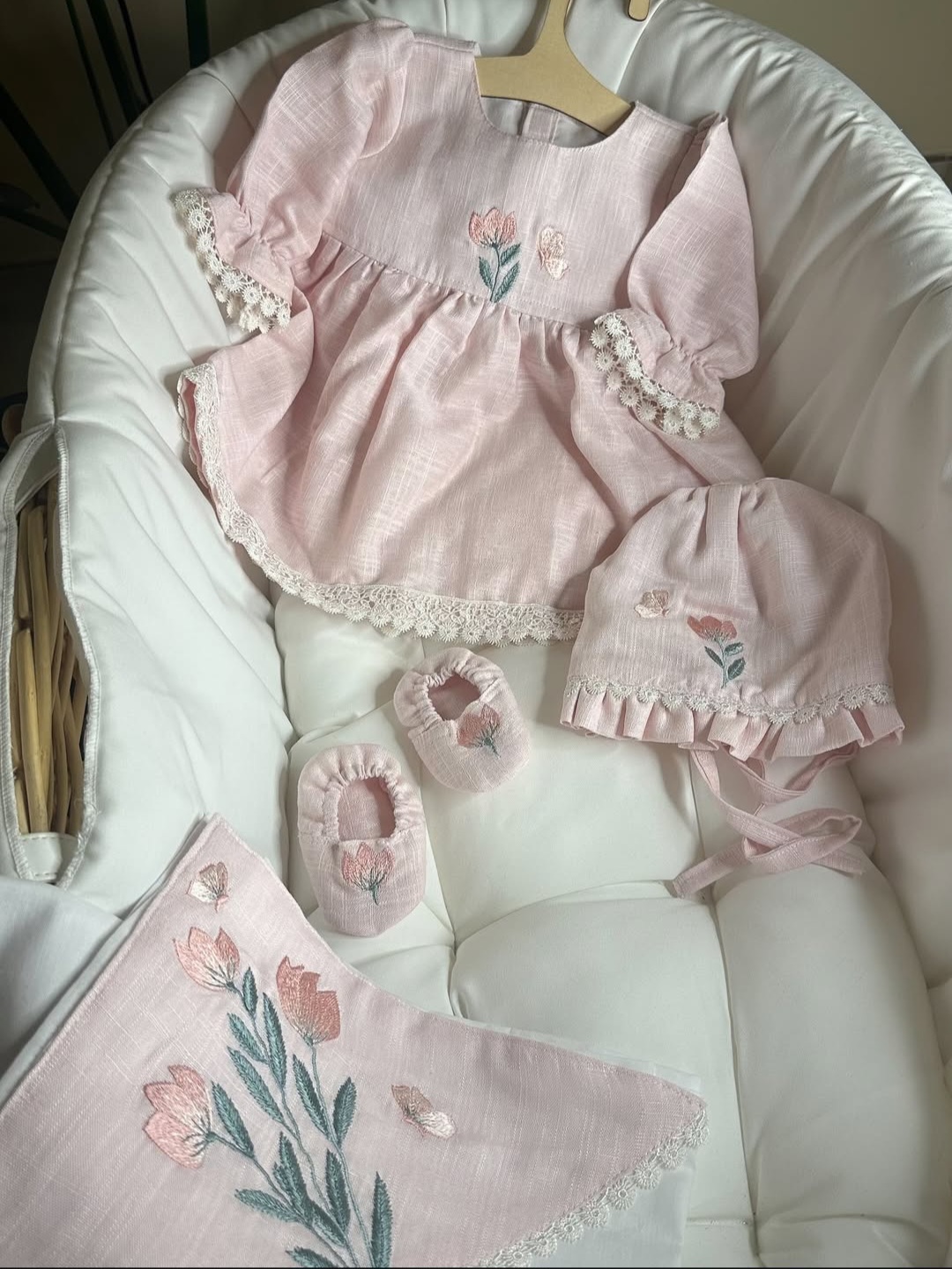 Newborn Baby Girl Starter Set - Irish Khaddar Babynest & Frock Set - Image 5