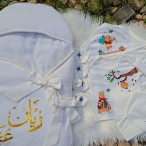 Customized Winnie the Pooh Hand-Embroidered & Hand-Painted Newborn Starter Pack (6-Piece Set)